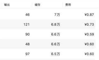 开发版记录中的输出、缓存、费用表头与完整数据行